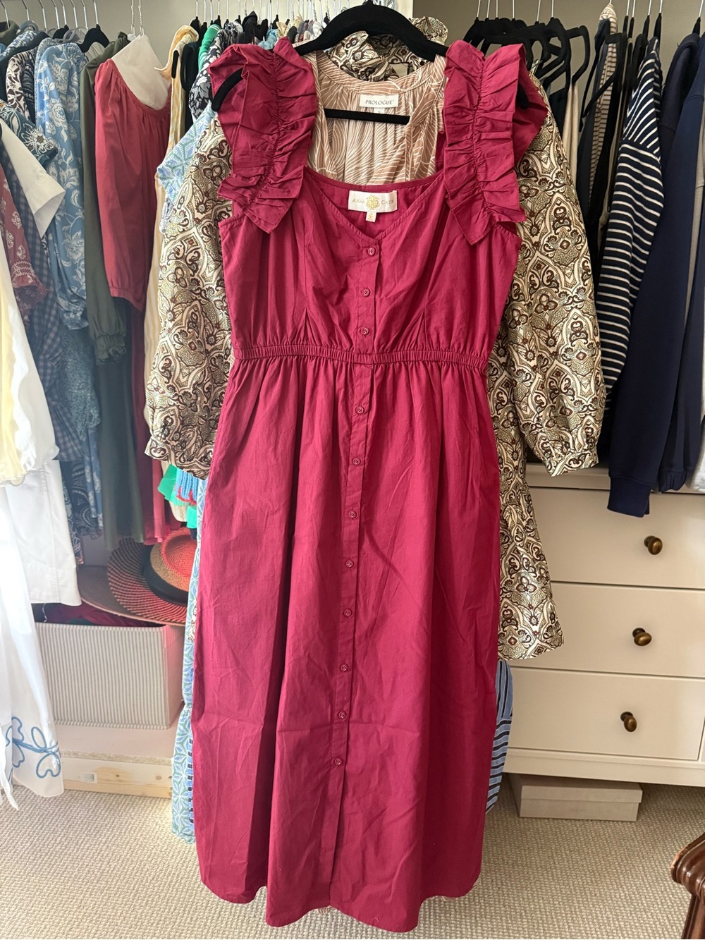 Ruffled Shoulder Button-Front Casual Dress in Berry